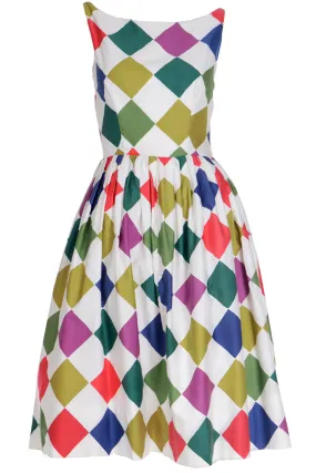 1960s Vintage Colorful Harlequin Diamond Print Summer Dress