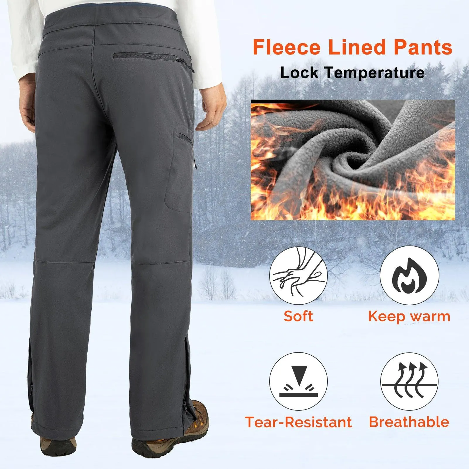 8000mm W/P Index Men's Fleece Lined Snow Pants with Belt and 4 Pockets