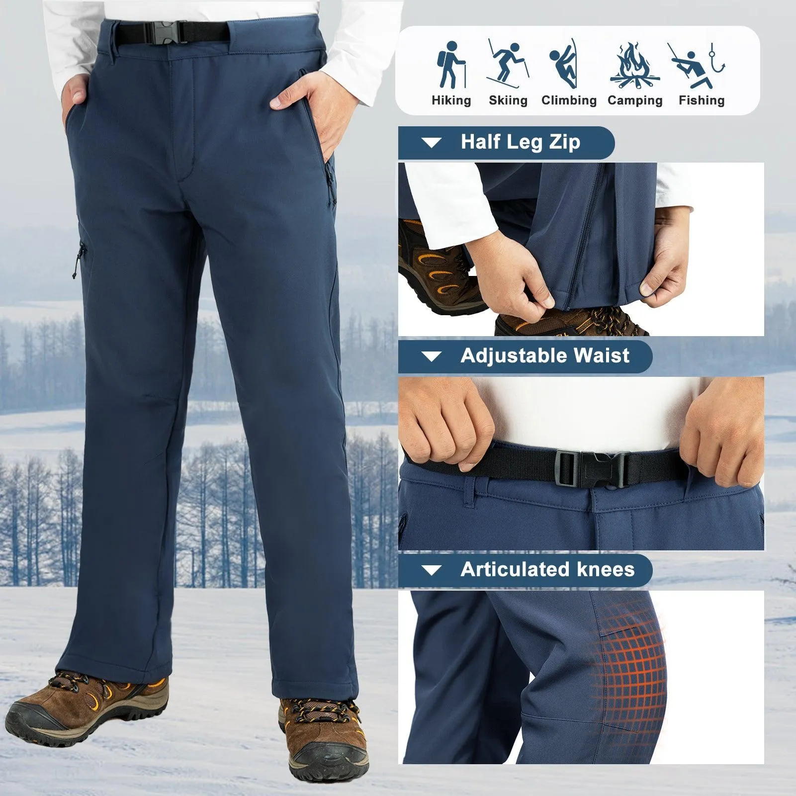 8000mm W/P Index Men's Fleece Lined Snow Pants with Belt and 4 Pockets