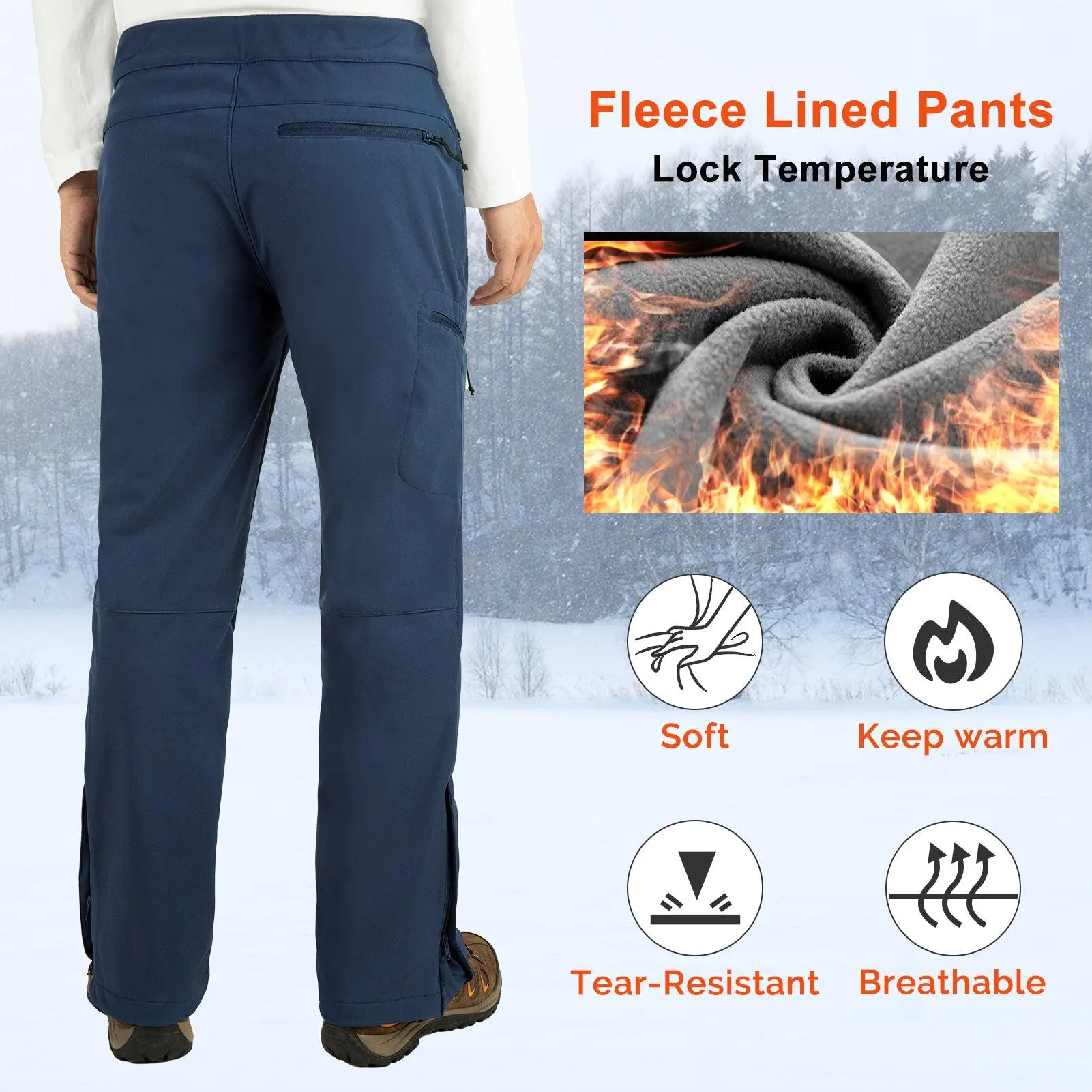 8000mm W/P Index Men's Fleece Lined Snow Pants with Belt and 4 Pockets