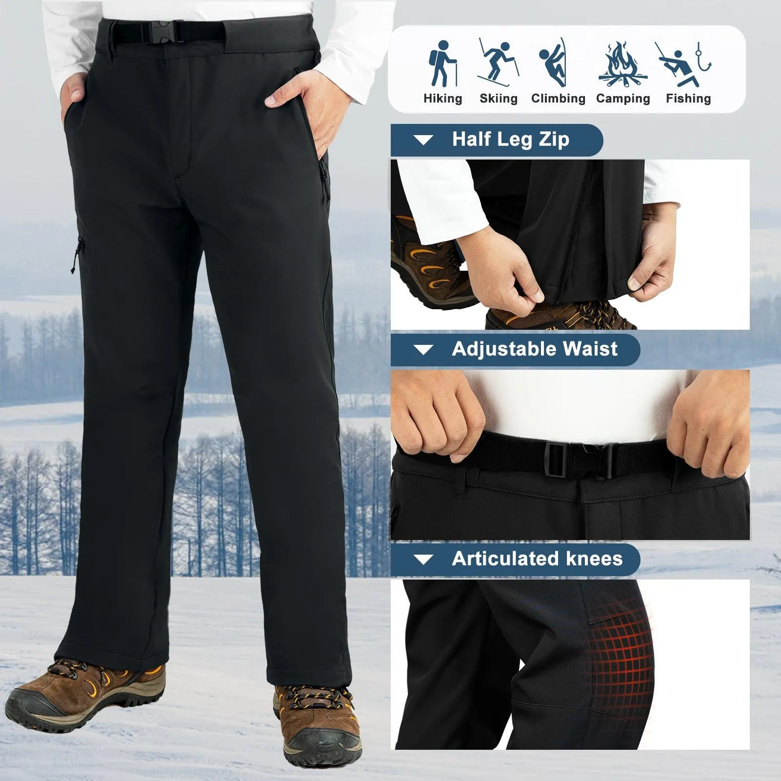 8000mm W/P Index Men's Fleece Lined Snow Pants with Belt and 4 Pockets