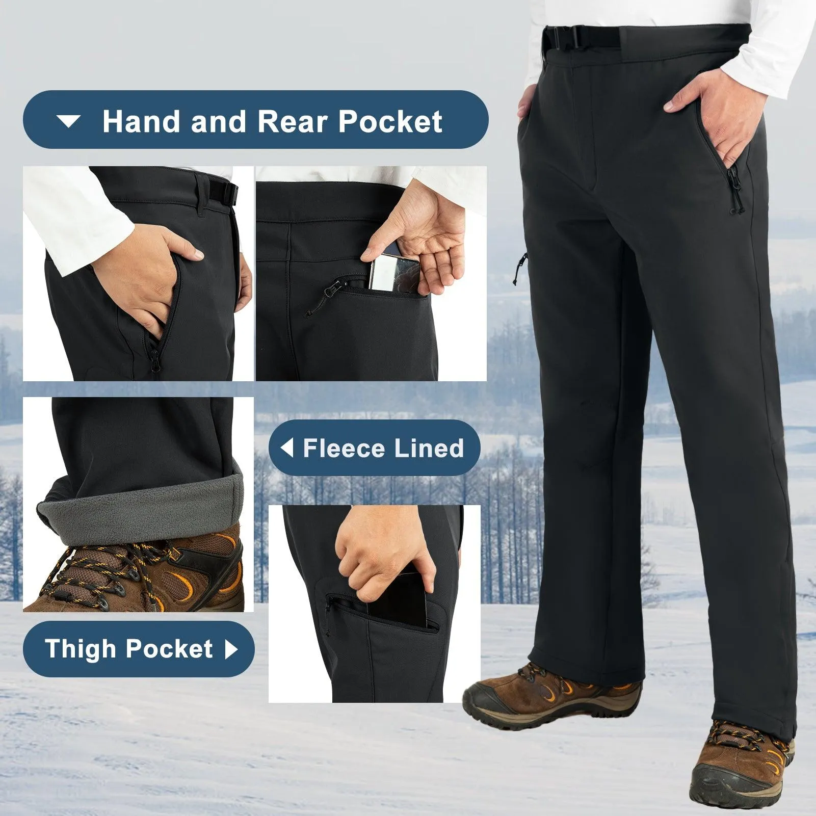 8000mm W/P Index Men's Fleece Lined Snow Pants with Belt and 4 Pockets
