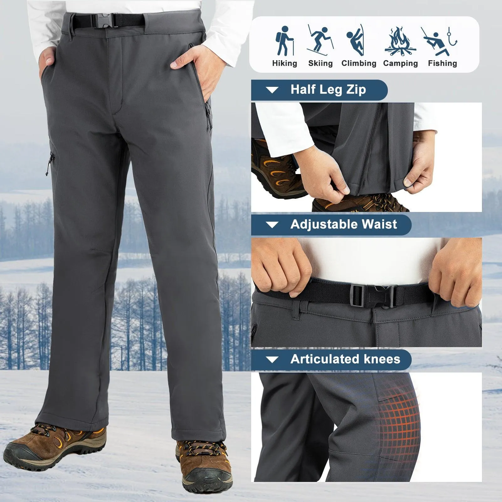 8000mm W/P Index Men's Fleece Lined Snow Pants with Belt and 4 Pockets