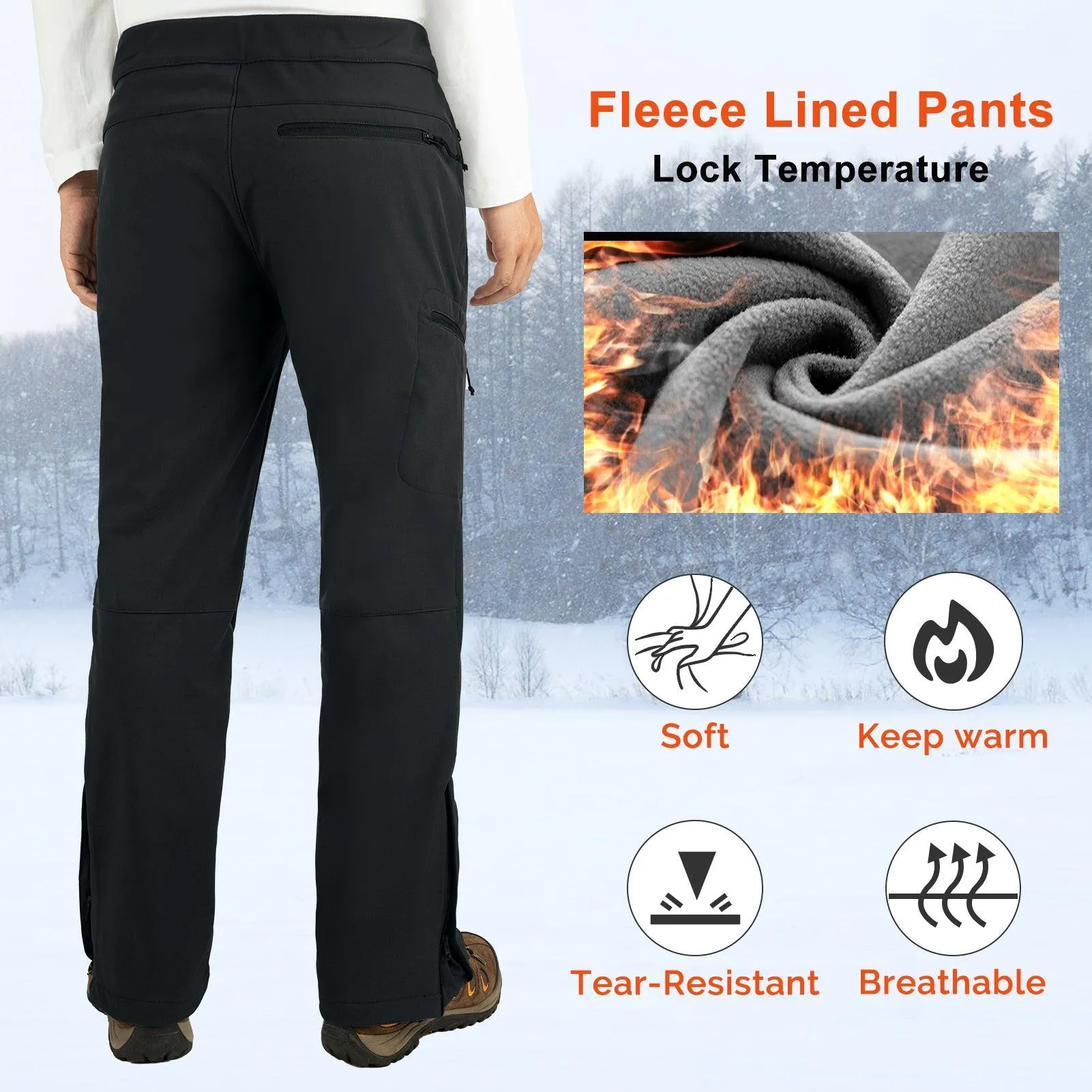 8000mm W/P Index Men's Fleece Lined Snow Pants with Belt and 4 Pockets