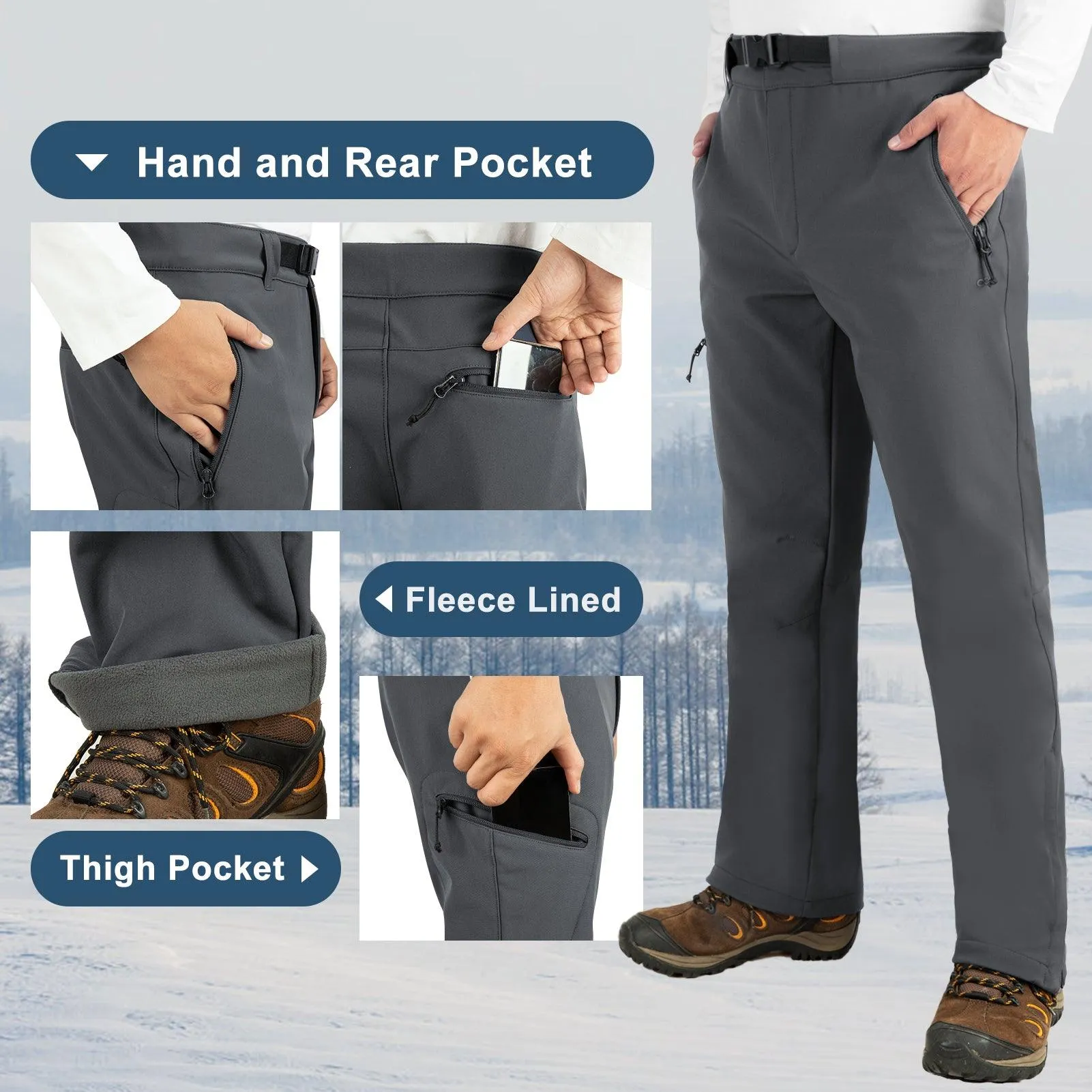 8000mm W/P Index Men's Fleece Lined Snow Pants with Belt and 4 Pockets