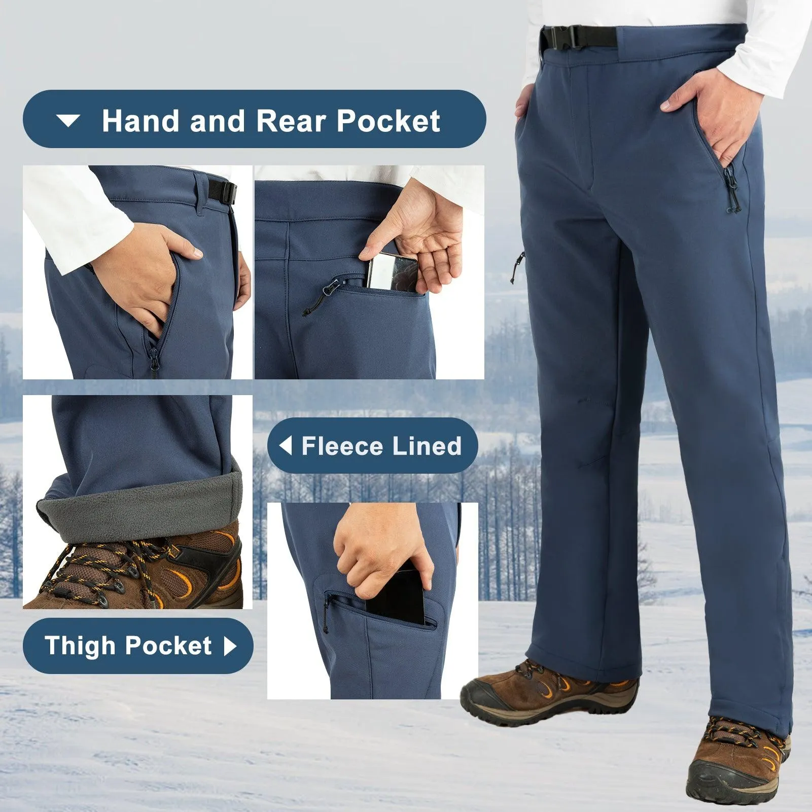 8000mm W/P Index Men's Fleece Lined Snow Pants with Belt and 4 Pockets