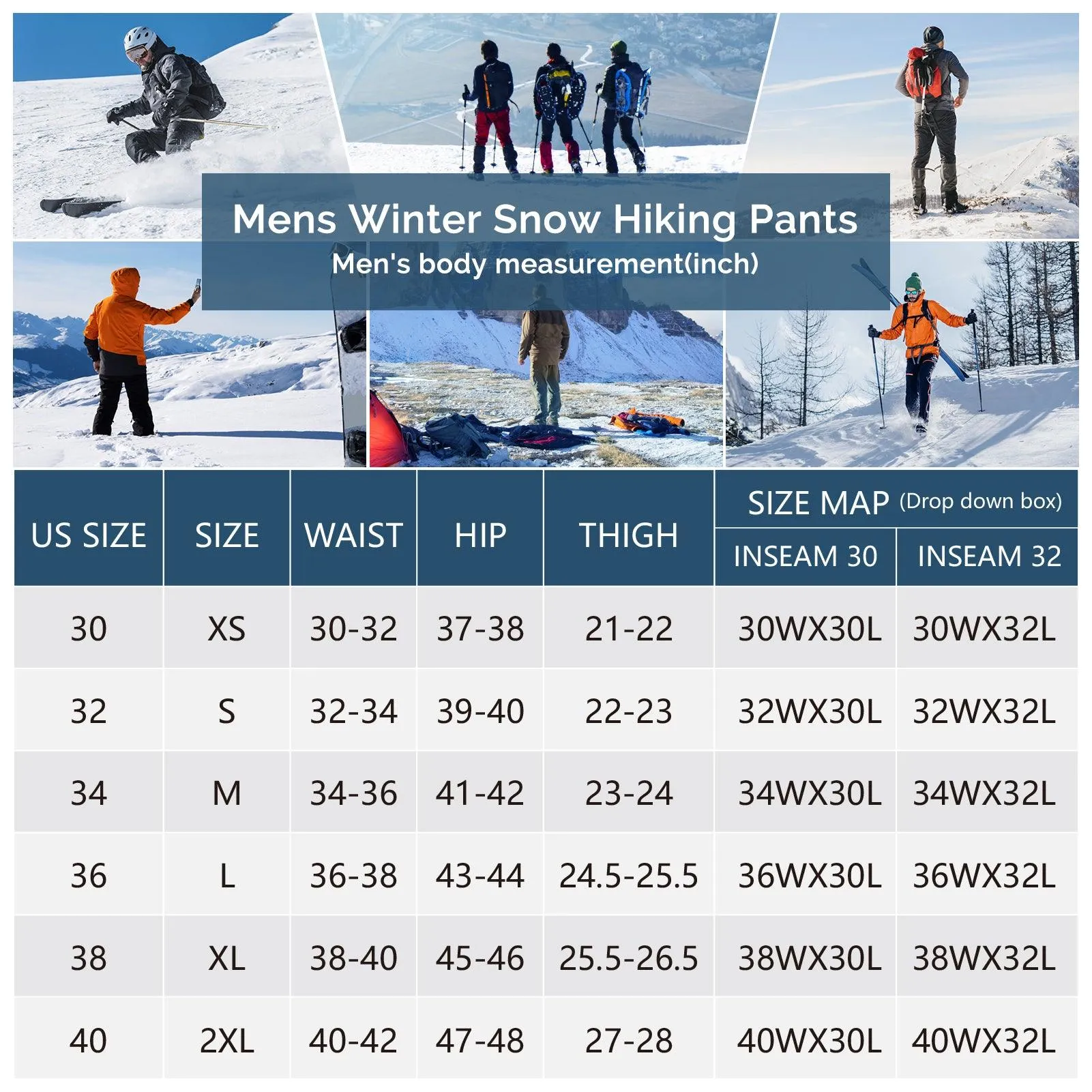 8000mm W/P Index Men's Fleece Lined Snow Pants with Belt and 4 Pockets