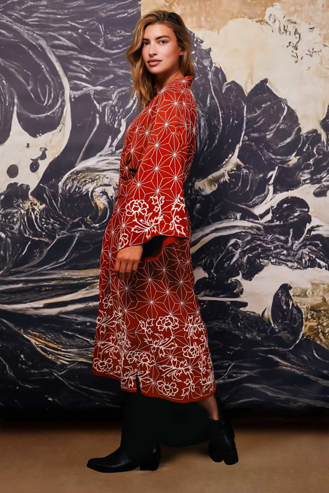 Asanoha & Peony Embroidered Fully Lined Terracotta Fully Lined Long Kimono