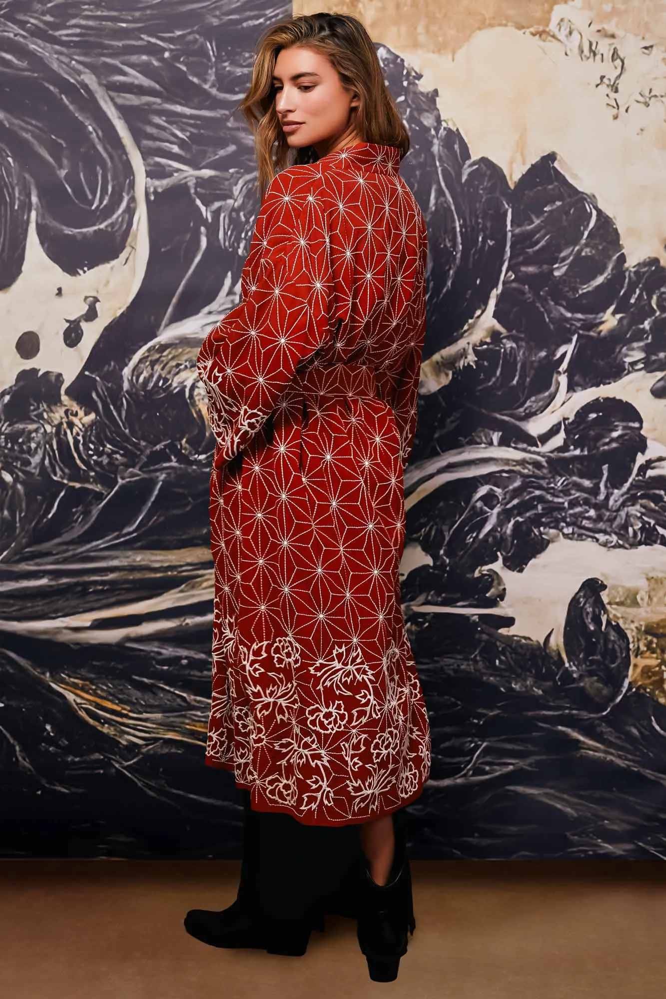 Asanoha & Peony Embroidered Fully Lined Terracotta Fully Lined Long Kimono