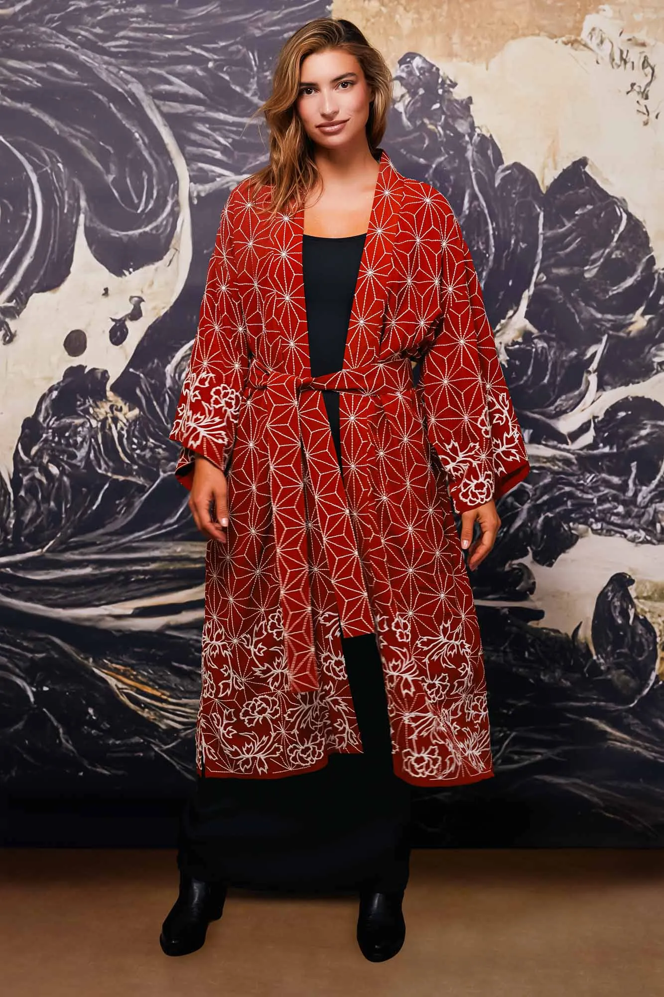 Asanoha & Peony Embroidered Fully Lined Terracotta Fully Lined Long Kimono