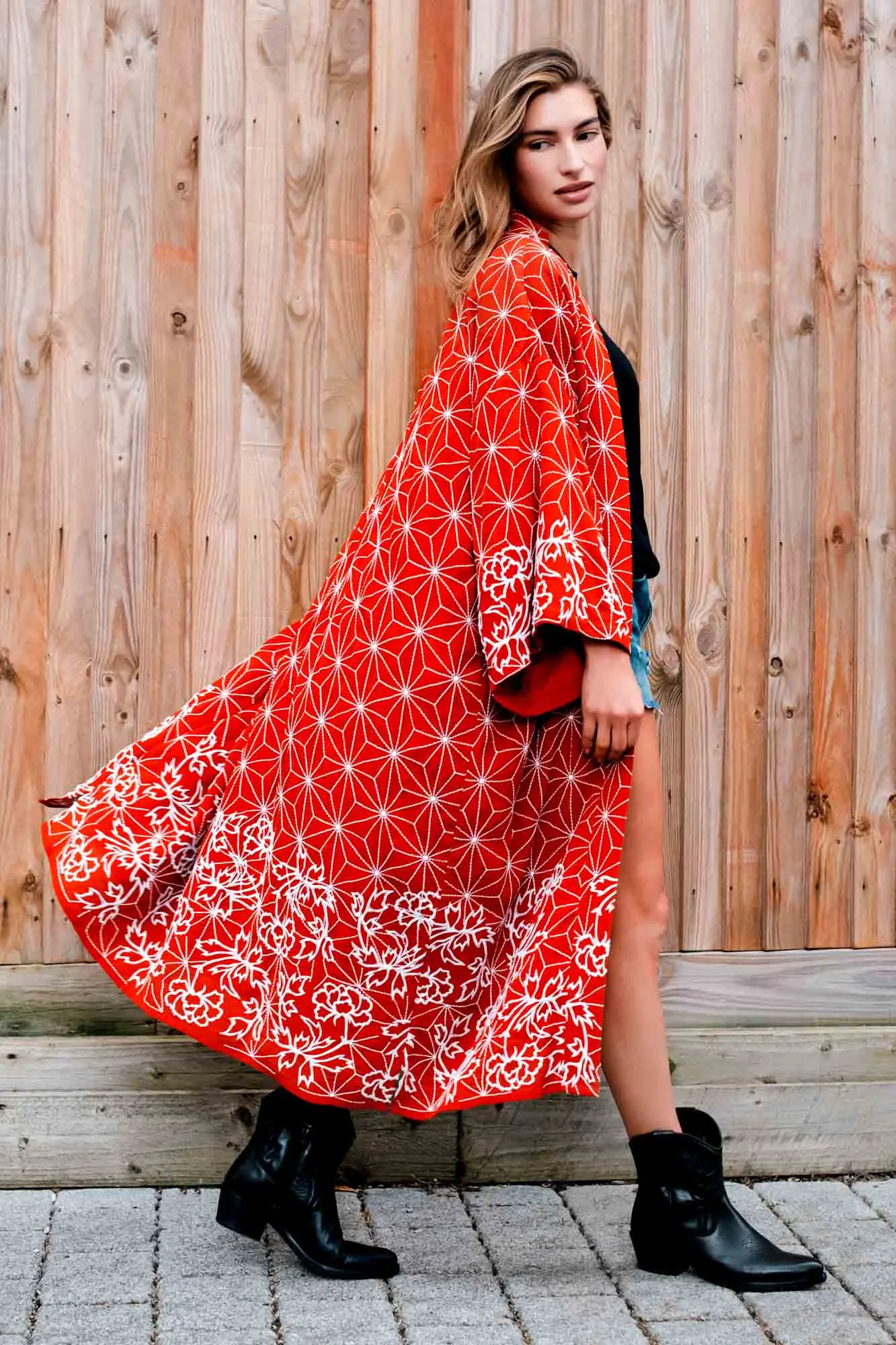 Asanoha & Peony Embroidered Fully Lined Terracotta Fully Lined Long Kimono