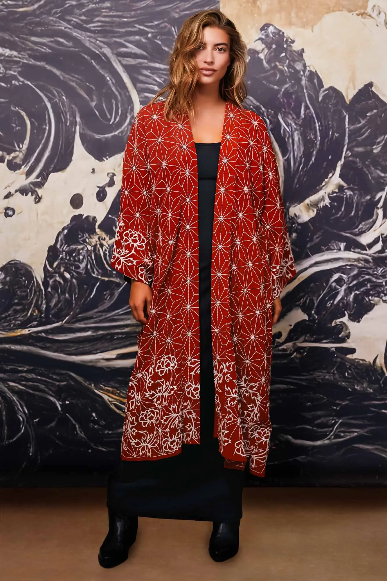 Asanoha & Peony Embroidered Fully Lined Terracotta Fully Lined Long Kimono