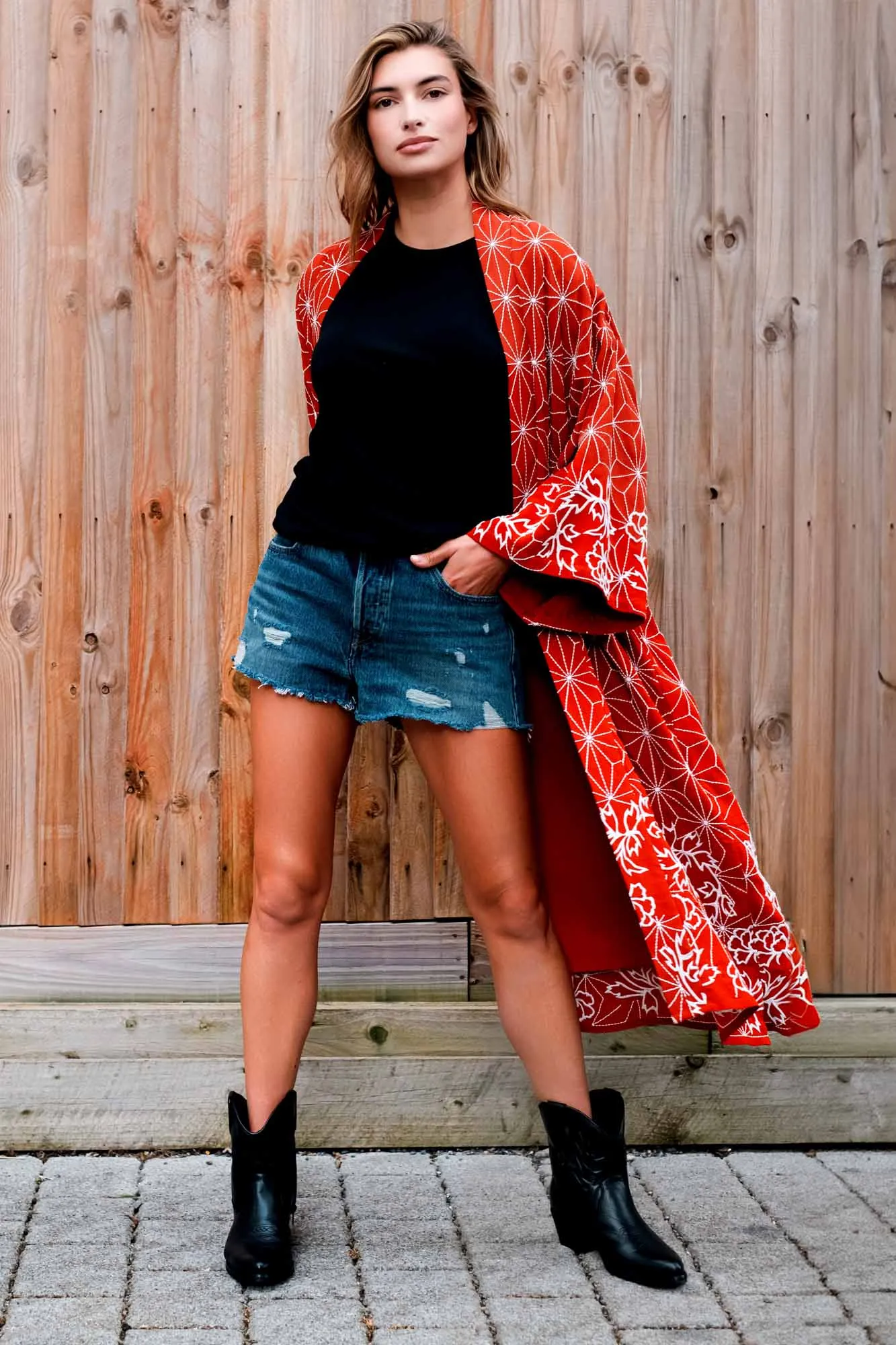 Asanoha & Peony Embroidered Fully Lined Terracotta Fully Lined Long Kimono