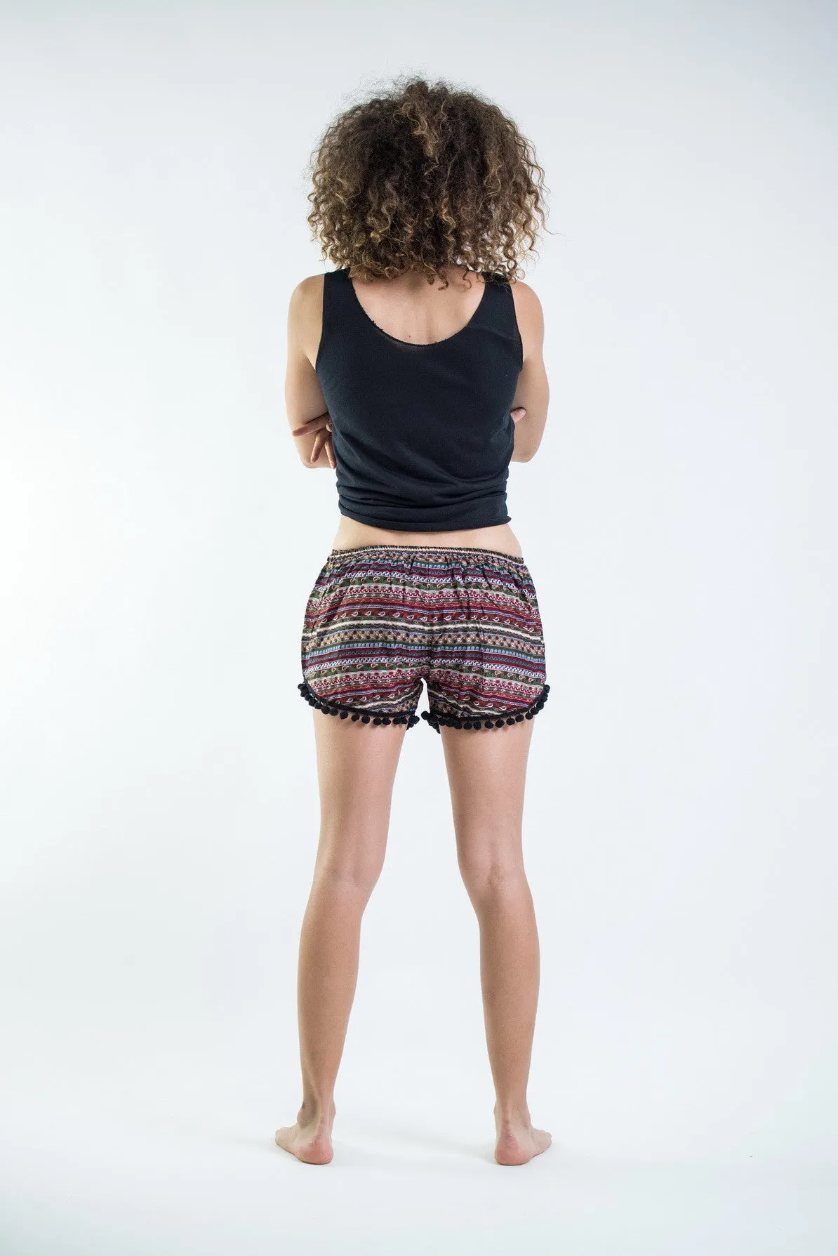 Aztec Stripes Pom Pom Shorts In Wine/Black