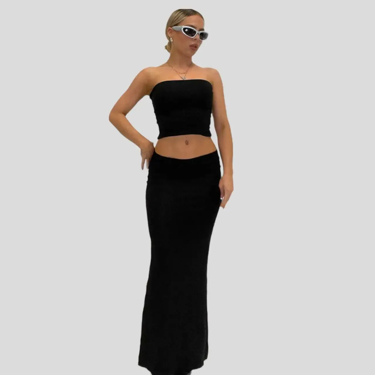 Back To School Joskaa Women’s 2 Piece Summer Outfits Dress Set Strapless Solid Color Tube Bandeau Tops   Low Waist Skinny Long Skirt Suit