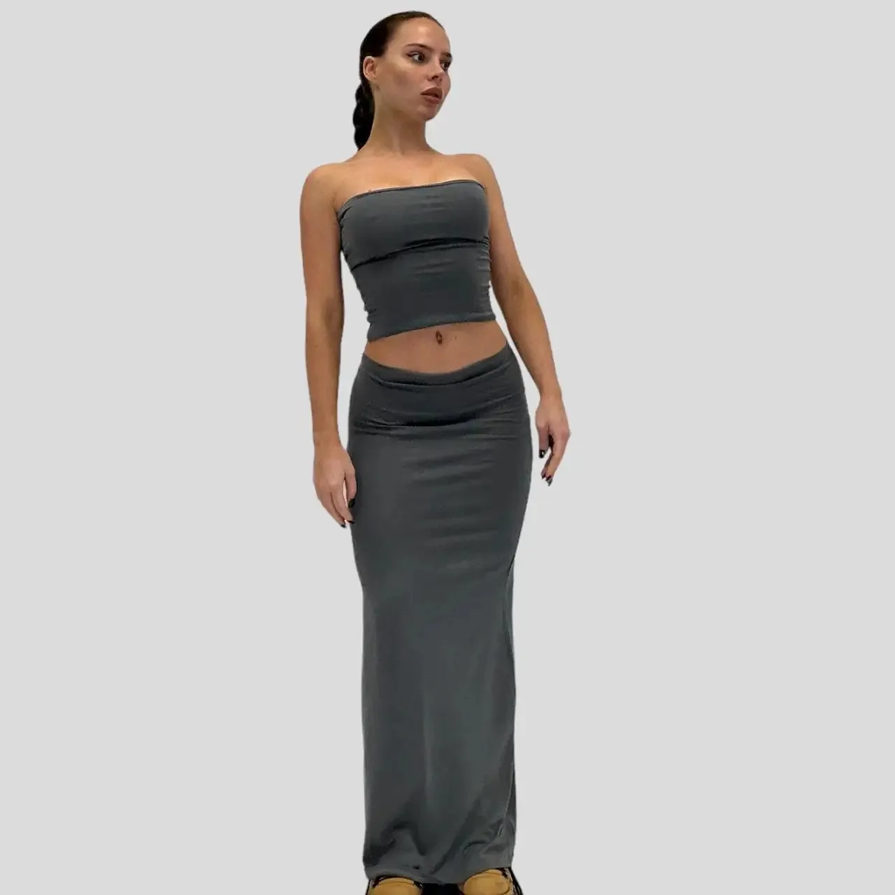 Back To School Joskaa Women’s 2 Piece Summer Outfits Dress Set Strapless Solid Color Tube Bandeau Tops   Low Waist Skinny Long Skirt Suit
