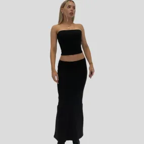 Back To School Joskaa Women’s 2 Piece Summer Outfits Dress Set Strapless Solid Color Tube Bandeau Tops   Low Waist Skinny Long Skirt Suit