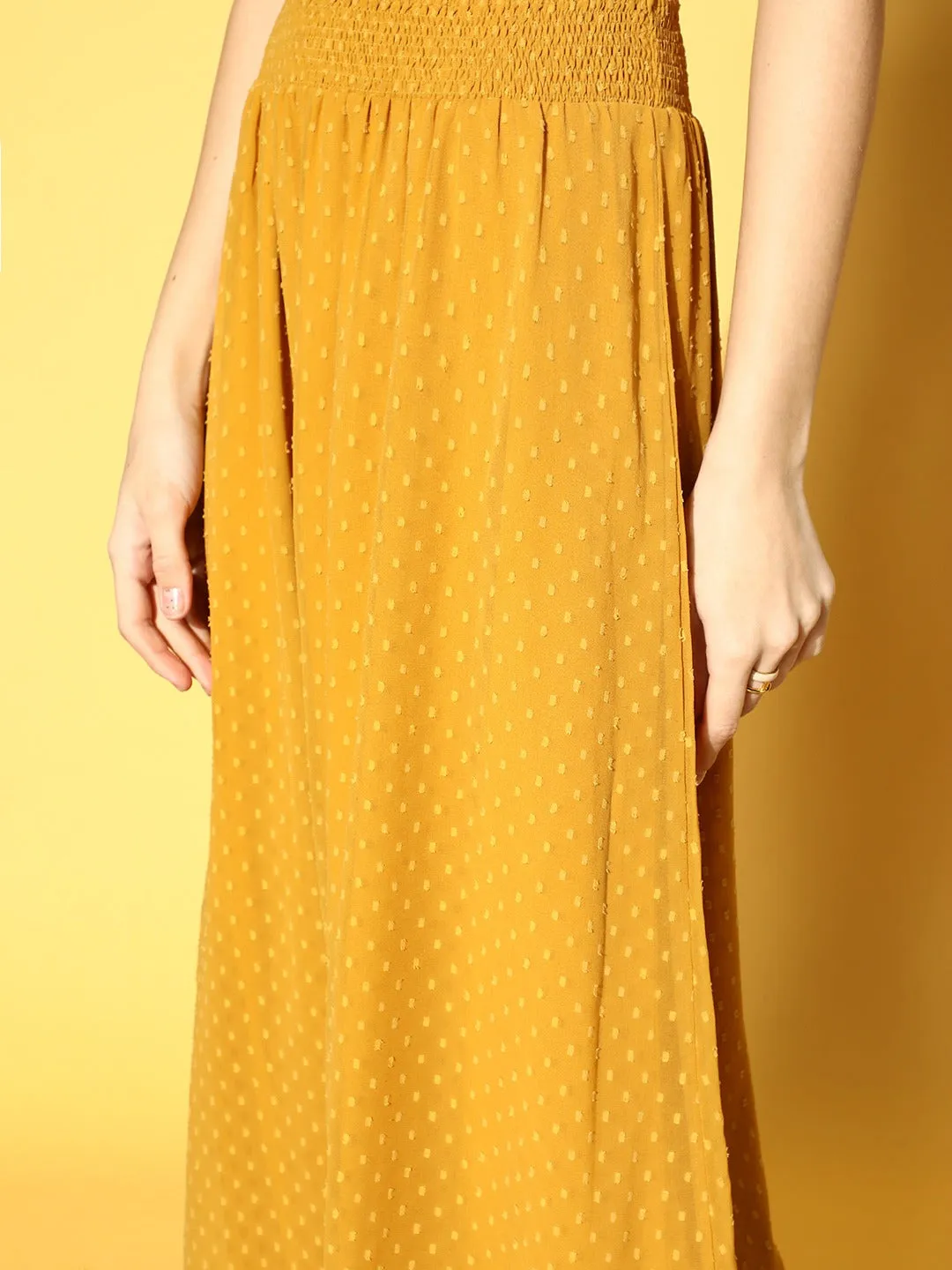 Berrylush Women Solid Mustard Yellow Dobby Weave Scoop Neck Flared Top & Skirt Set