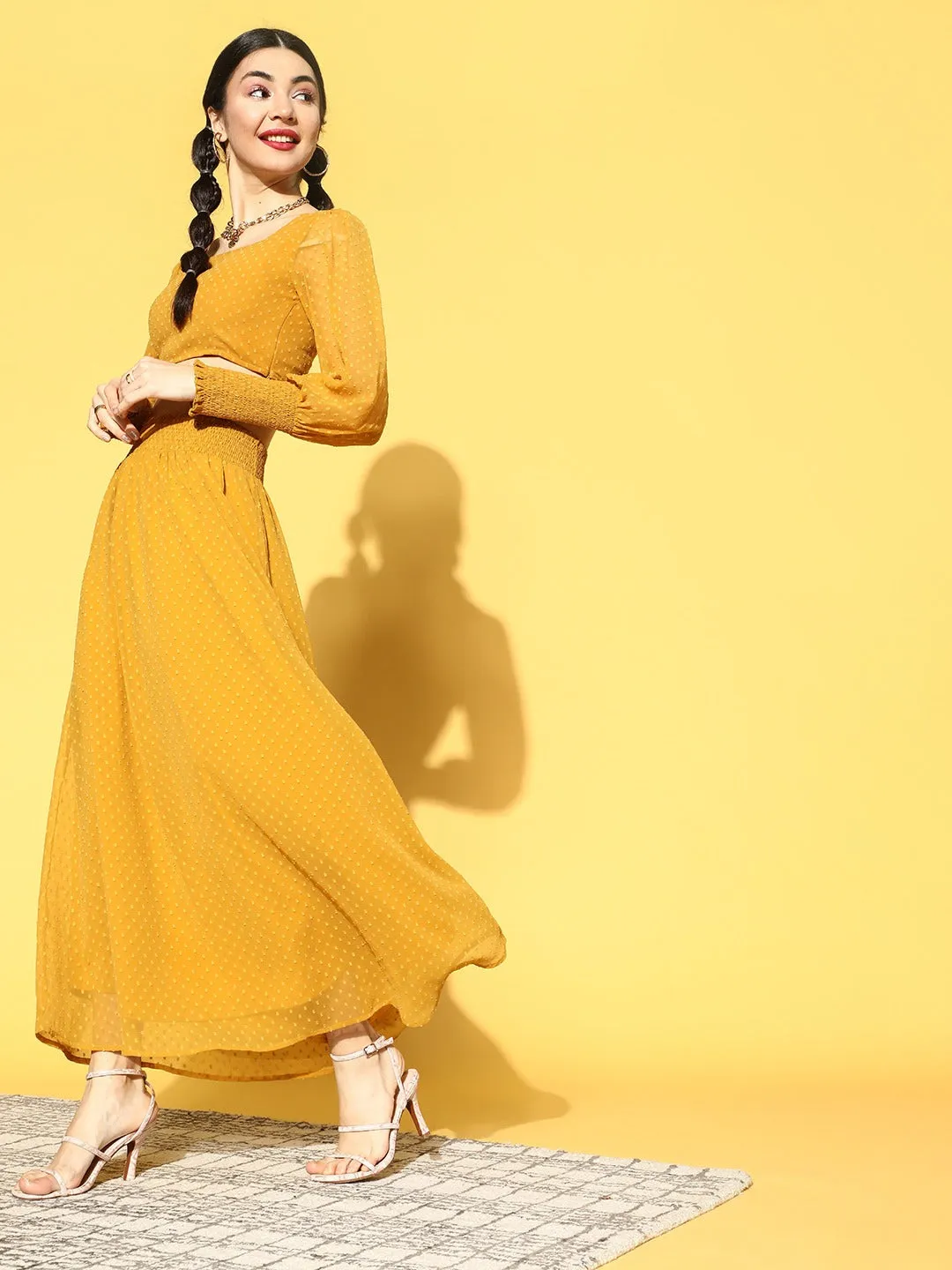 Berrylush Women Solid Mustard Yellow Dobby Weave Scoop Neck Flared Top & Skirt Set