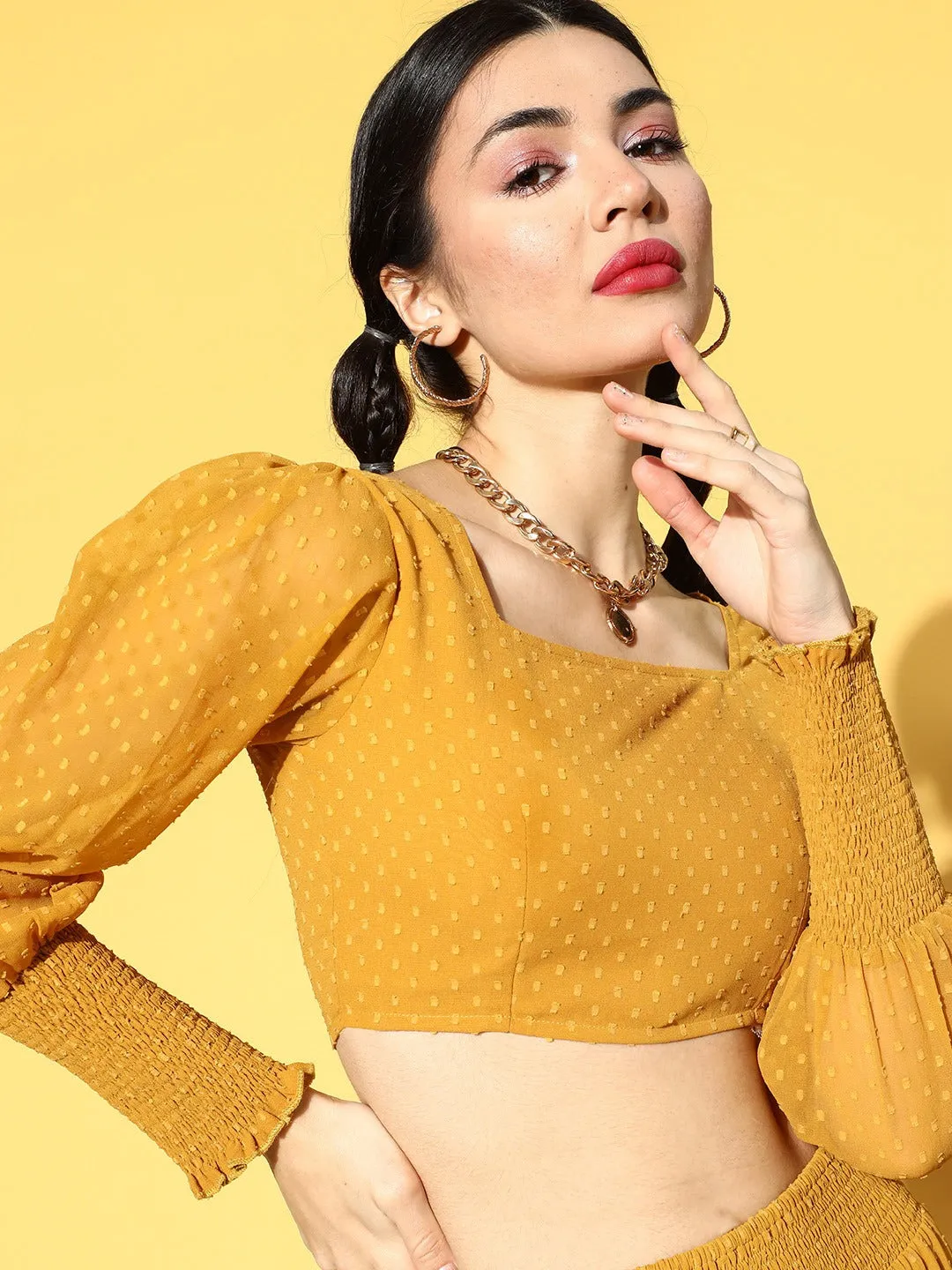 Berrylush Women Solid Mustard Yellow Dobby Weave Scoop Neck Flared Top & Skirt Set