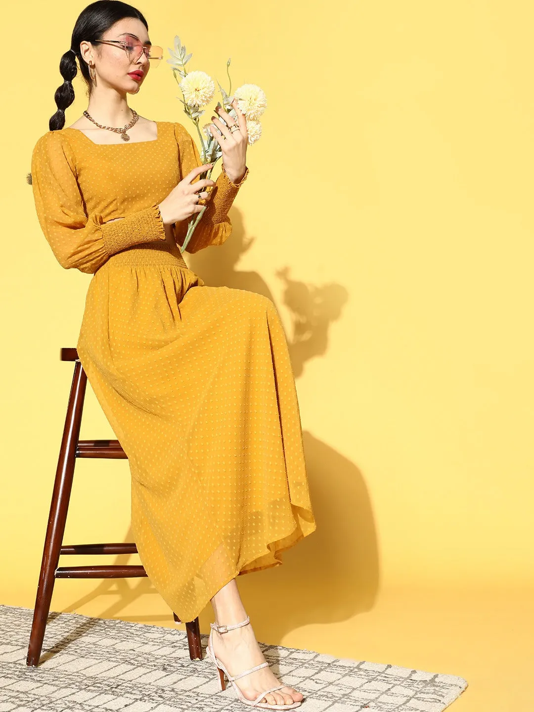 Berrylush Women Solid Mustard Yellow Dobby Weave Scoop Neck Flared Top & Skirt Set