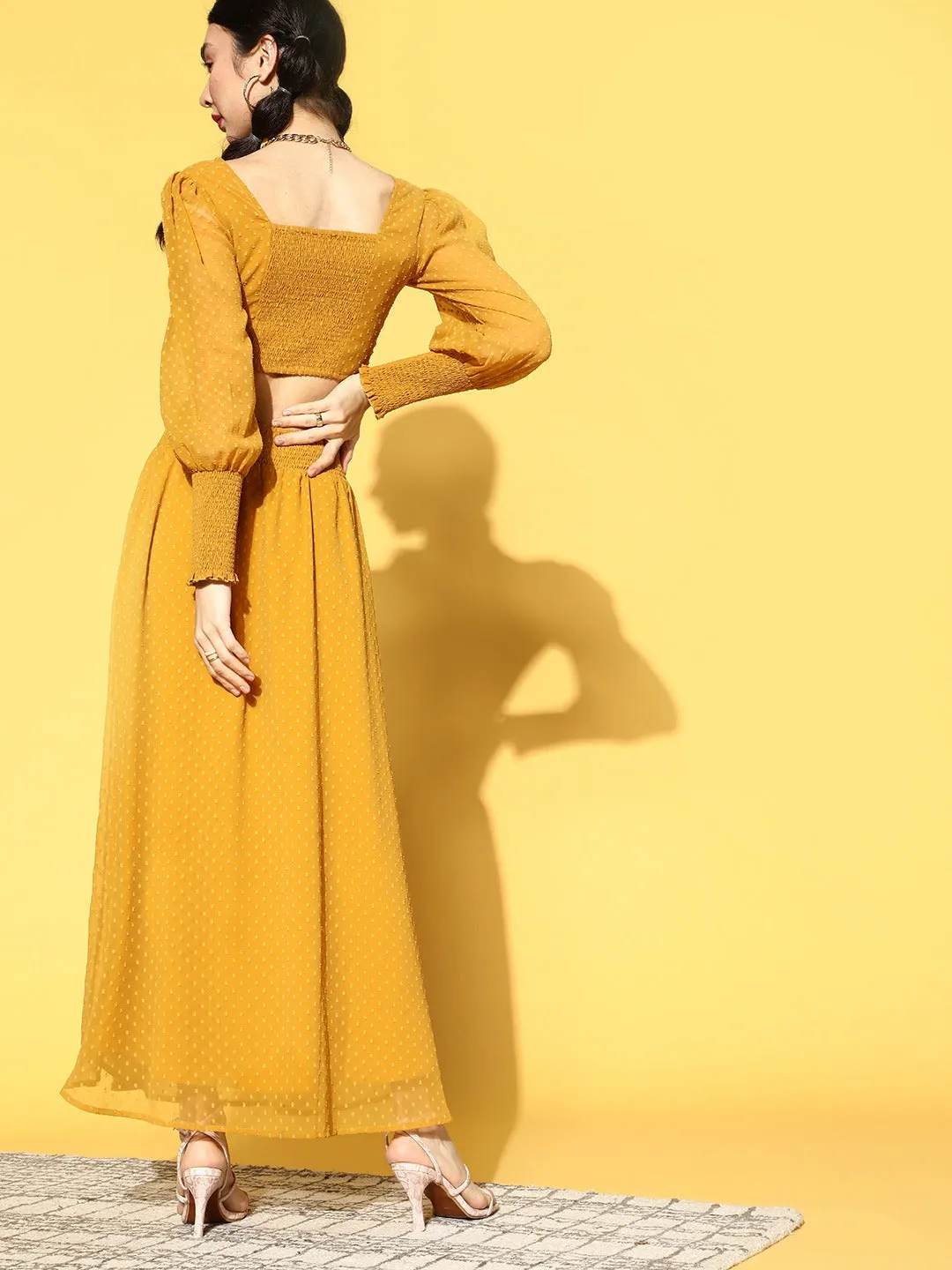 Berrylush Women Solid Mustard Yellow Dobby Weave Scoop Neck Flared Top & Skirt Set