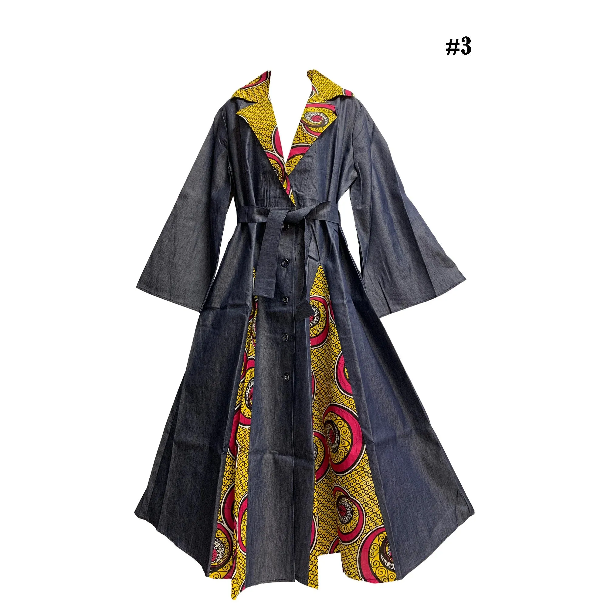Bohemian African Dashiki Print Long Cardigan Opened Front Kimono Jacket Style Long Dress Trench Coat Buttoned Down Denim Duster Dress
