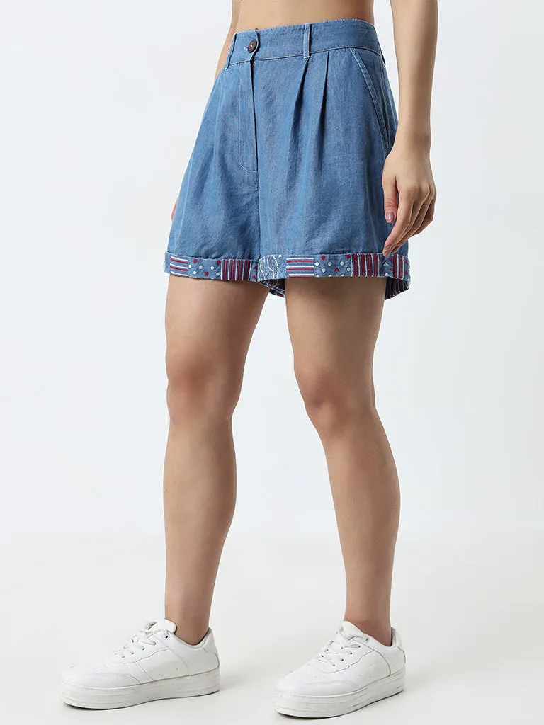 Bombay Paisley Blue Embroidered High-Rise Shorts