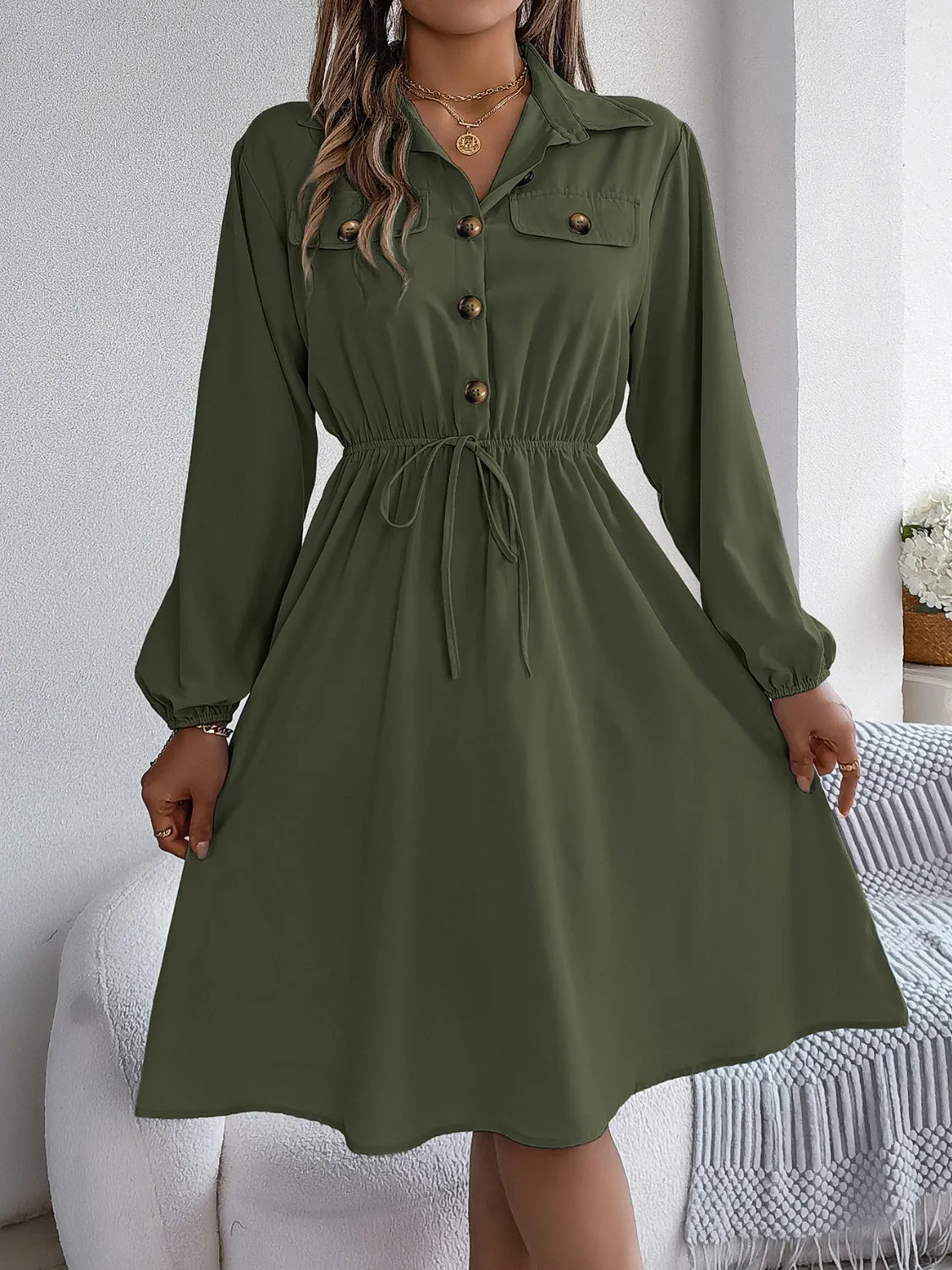 Collared Neck Long Sleeve Midi Dress with Pockets