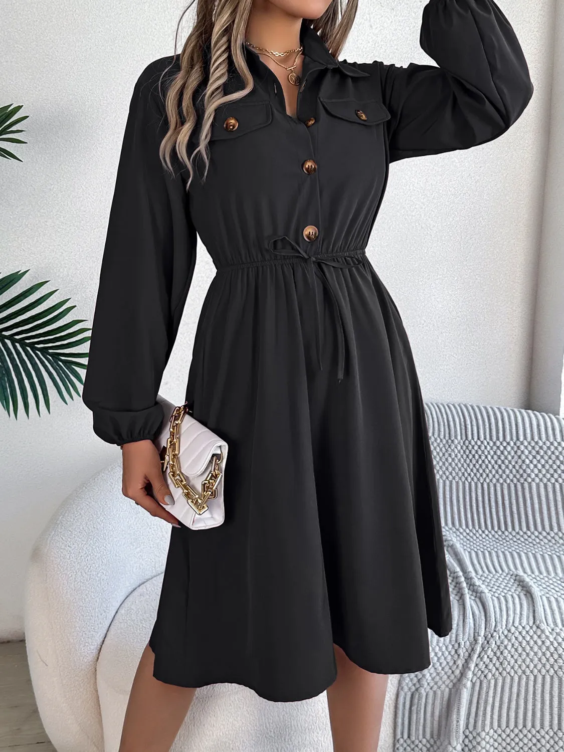Collared Neck Long Sleeve Midi Dress with Pockets