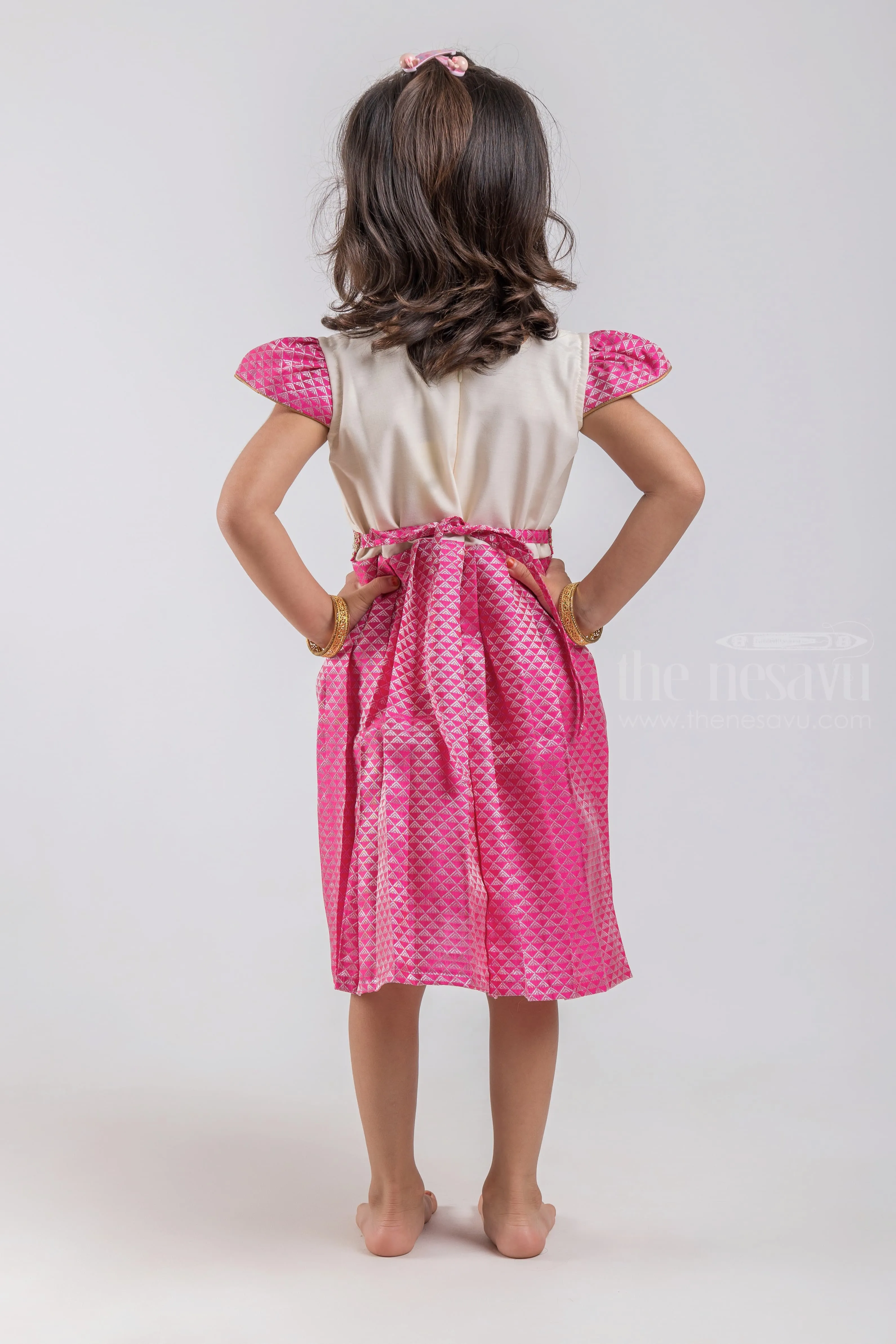Geometrical Designer Knife Pleated Pink Silk Frock with White Yoke for Girls