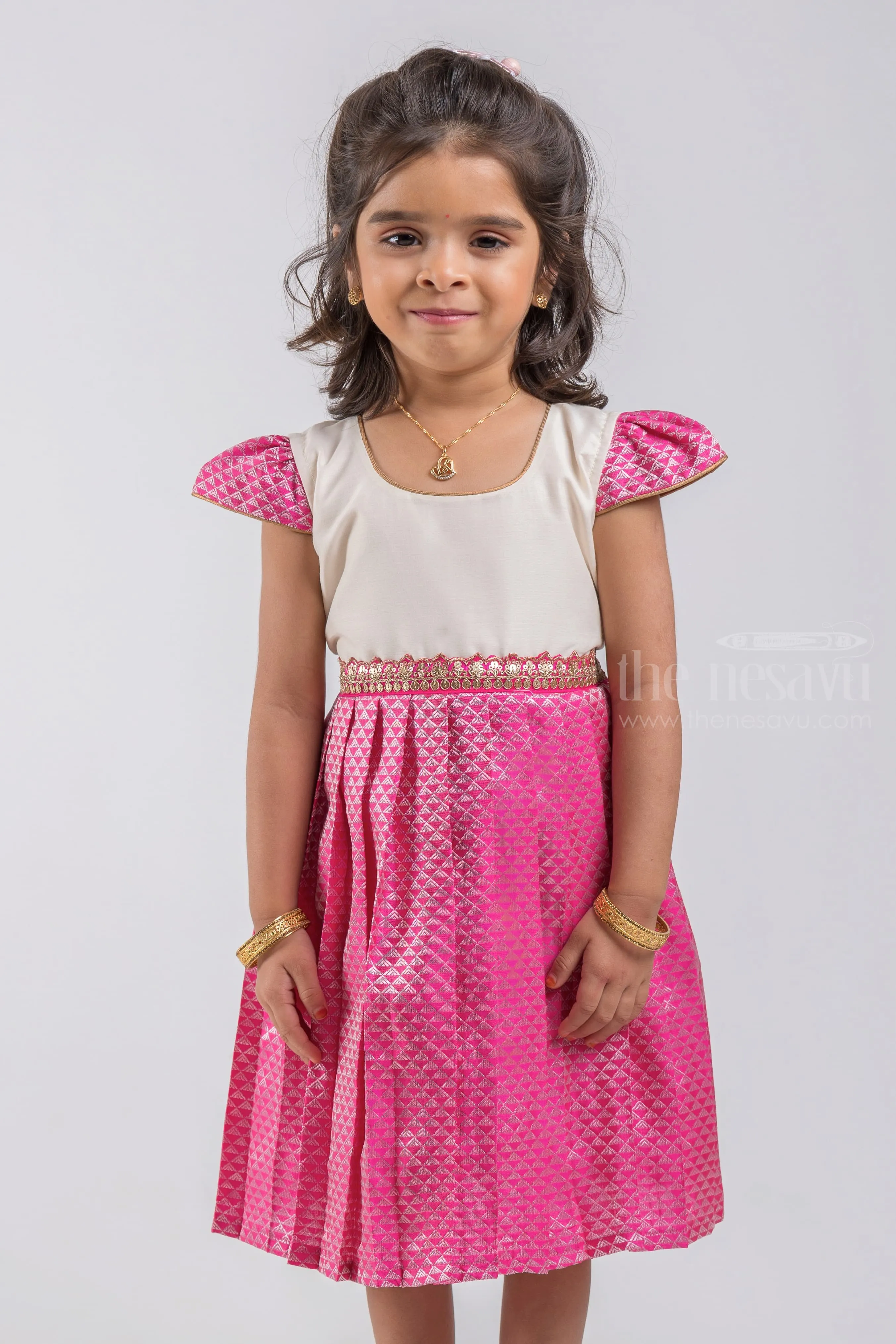 Geometrical Designer Knife Pleated Pink Silk Frock with White Yoke for Girls