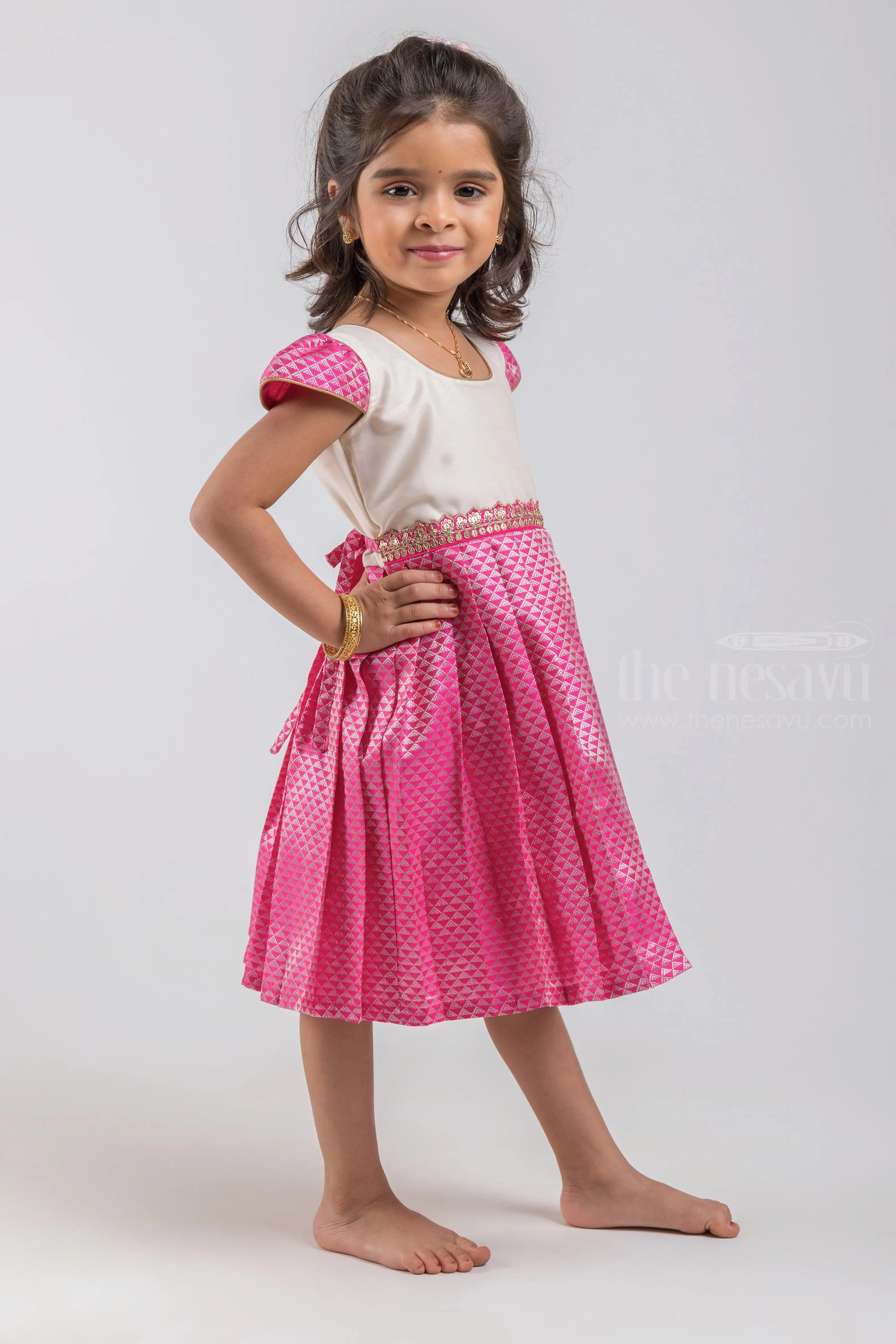 Geometrical Designer Knife Pleated Pink Silk Frock with White Yoke for Girls