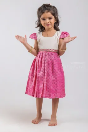Geometrical Designer Knife Pleated Pink Silk Frock with White Yoke for Girls