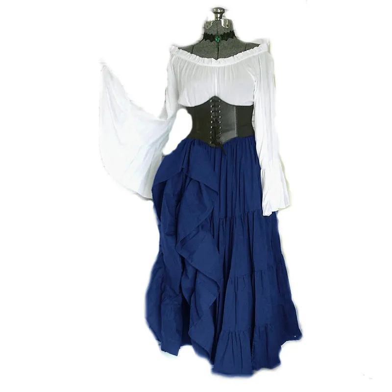 Girlary-shop group halloween costumes Retro Women's off-Shoulder Bell Sleeve Waist Pleated Irregular Large Swing Dress