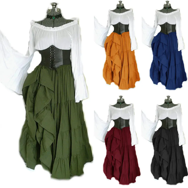 Girlary-shop group halloween costumes Retro Women's off-Shoulder Bell Sleeve Waist Pleated Irregular Large Swing Dress