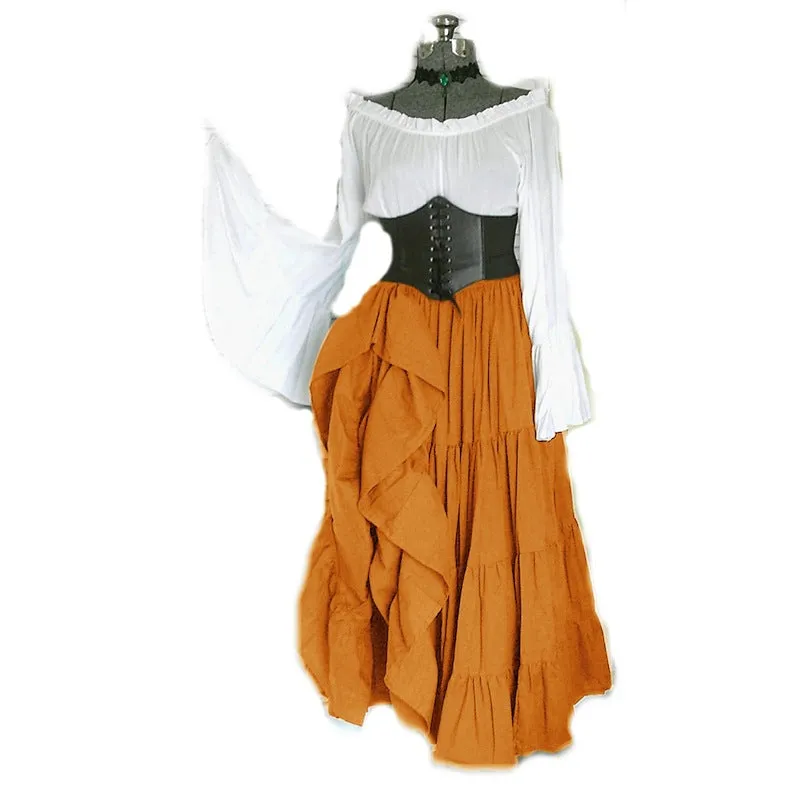 Girlary-shop group halloween costumes Retro Women's off-Shoulder Bell Sleeve Waist Pleated Irregular Large Swing Dress