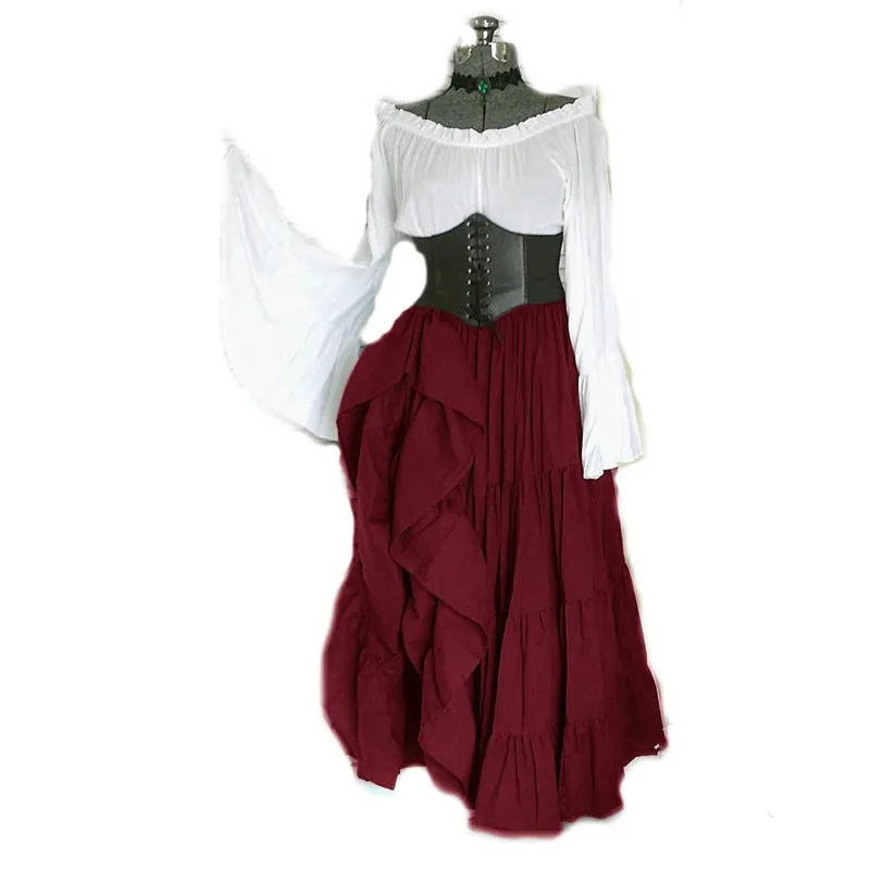 Girlary-shop group halloween costumes Retro Women's off-Shoulder Bell Sleeve Waist Pleated Irregular Large Swing Dress