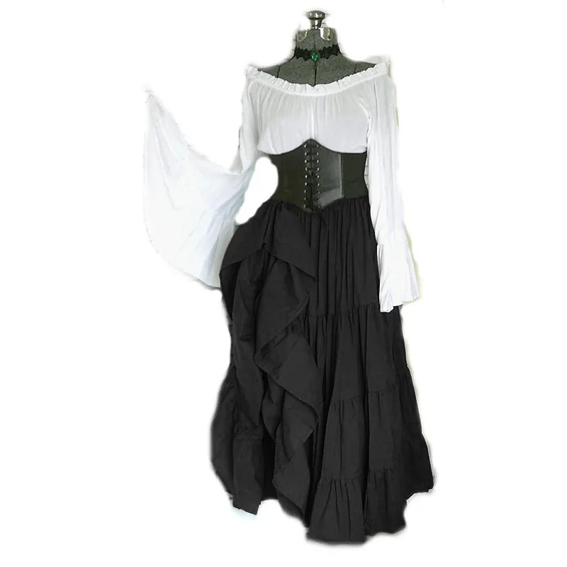 Girlary-shop group halloween costumes Retro Women's off-Shoulder Bell Sleeve Waist Pleated Irregular Large Swing Dress