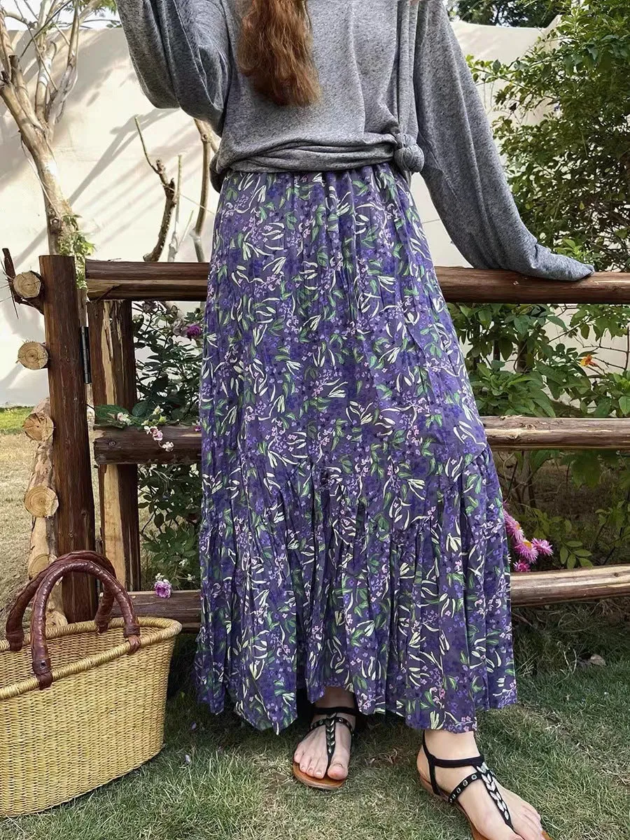 Girlary-shop teacher outfits Spring and Summer High Waist Large Swing Skirt Loose Slimming Retro A- line Skirt Floral Pleated Skirt