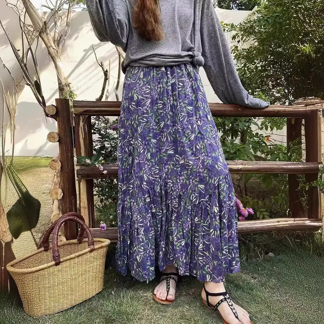 Girlary-shop teacher outfits Spring and Summer High Waist Large Swing Skirt Loose Slimming Retro A- line Skirt Floral Pleated Skirt