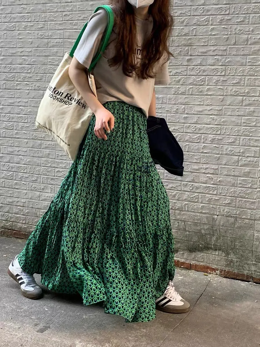 Girlary-shop teacher outfits Spring and Summer High Waist Large Swing Skirt Loose Slimming Retro A- line Skirt Floral Pleated Skirt
