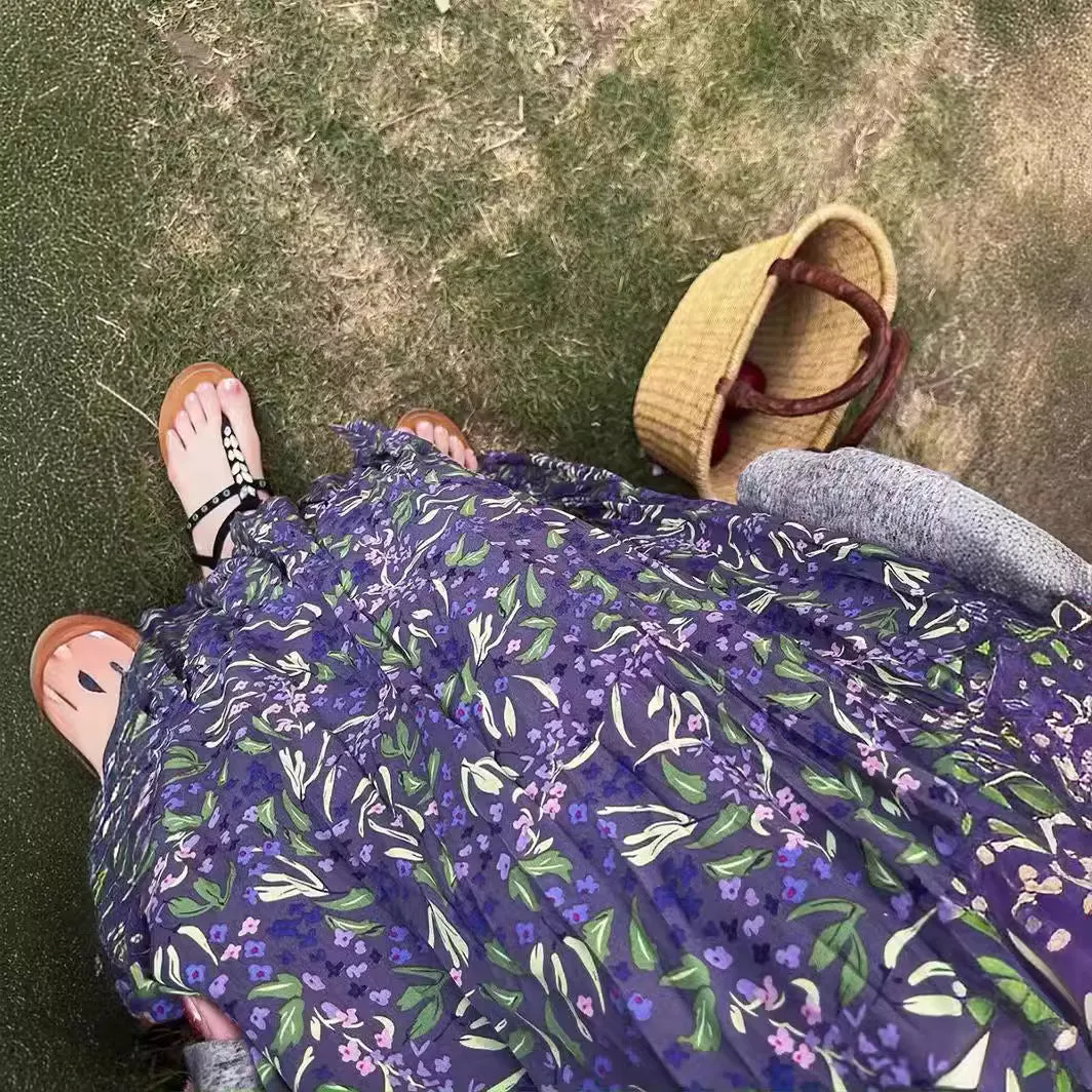 Girlary-shop teacher outfits Spring and Summer High Waist Large Swing Skirt Loose Slimming Retro A- line Skirt Floral Pleated Skirt