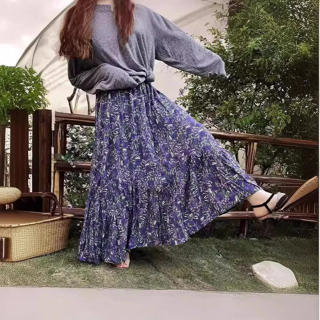 Girlary-shop teacher outfits Spring and Summer High Waist Large Swing Skirt Loose Slimming Retro A- line Skirt Floral Pleated Skirt