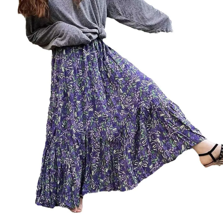 Girlary-shop teacher outfits Spring and Summer High Waist Large Swing Skirt Loose Slimming Retro A- line Skirt Floral Pleated Skirt
