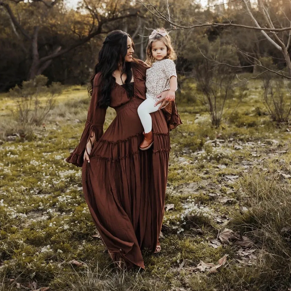 Graceful Floor-Length Maternity Portrait Gown Cotton Linen Dress