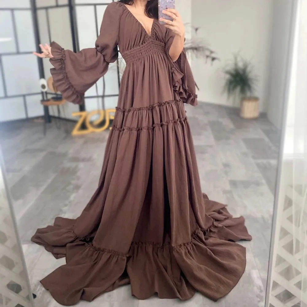 Graceful Floor-Length Maternity Portrait Gown Cotton Linen Dress
