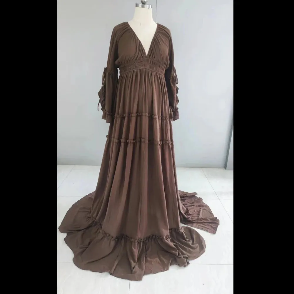 Graceful Floor-Length Maternity Portrait Gown Cotton Linen Dress