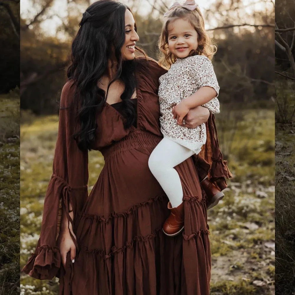 Graceful Floor-Length Maternity Portrait Gown Cotton Linen Dress