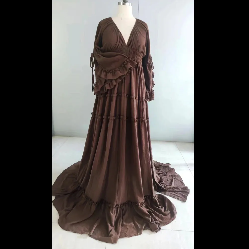 Graceful Floor-Length Maternity Portrait Gown Cotton Linen Dress